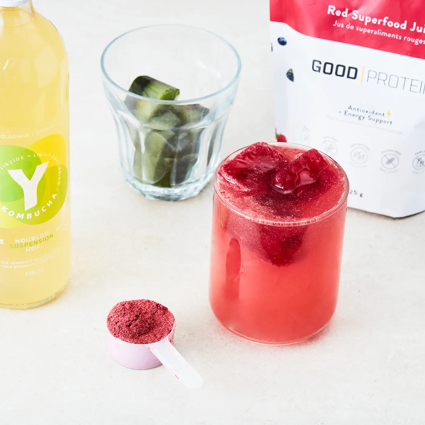 Superfood Y Kombucha with Christmas Ice Cubes - Good Protein