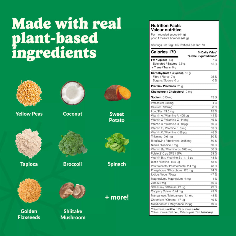 Good Protein Eggnog Shake Plant-based ingredients such as coconut, sweet potato, broccoli, spinach, flaxseeds, and more.