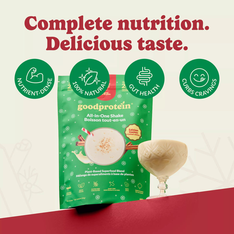 Good Protein Eggnog All-in-One Shake pouch with holiday design and key nutrition benefits icons