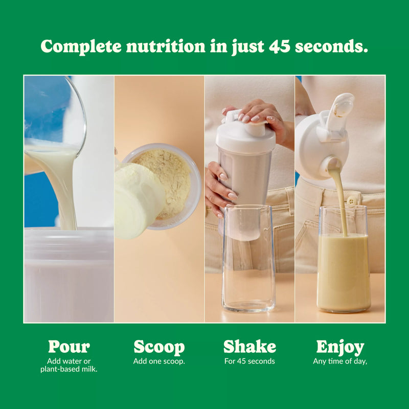 Step-by-step instructions showing how to prepare Good Protein All-in-One Shake: pour, scoop, shake, and enjoy.