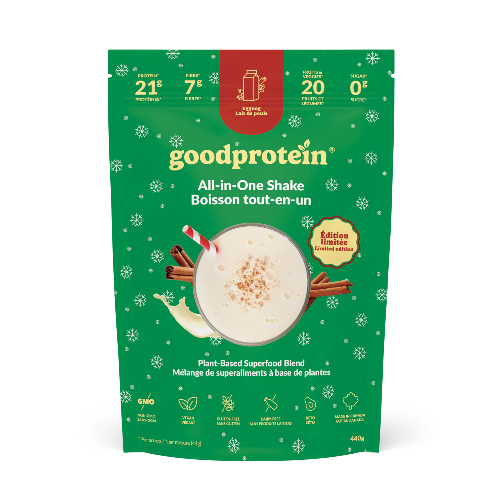 Good Protein Eggnog All-in-One Shake pouch with holiday design highlighting 21g protein, 7g fibre and 25+ nutrients
