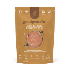 Good Protein Mocha All-in-One Shake pouch that highlights 21g protein, 7g fibre and 25+ nutrients