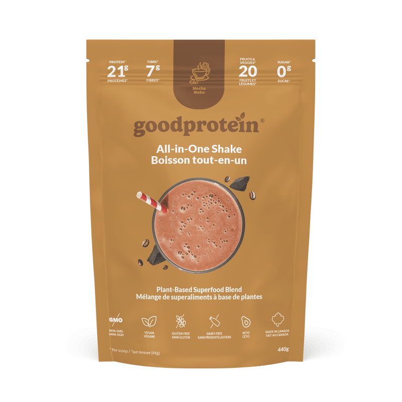 Good Protein Mocha All-in-One Shake pouch that highlights 21g protein, 7g fibre and 25+ nutrients