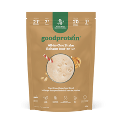 Good Protein Peanut Butter All-in-One Shake pouch that highlights 21g protein, 7g fibre and 25+ nutrients