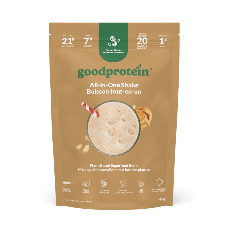 Good Protein Peanut Butter All-in-One Shake pouch that highlights 21g protein, 7g fibre and 25+ nutrients