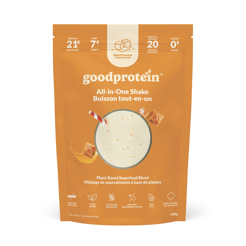 Good Protein Salted Caramel All-in-One Shake pouch that highlights 21g protein, 7g fibre and 25+ nutrients