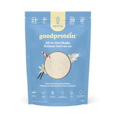 Good Protein Vanilla Milkshake All-in-One Shake pouch that highlights 21g protein, 7g fibre and 25+ nutrients