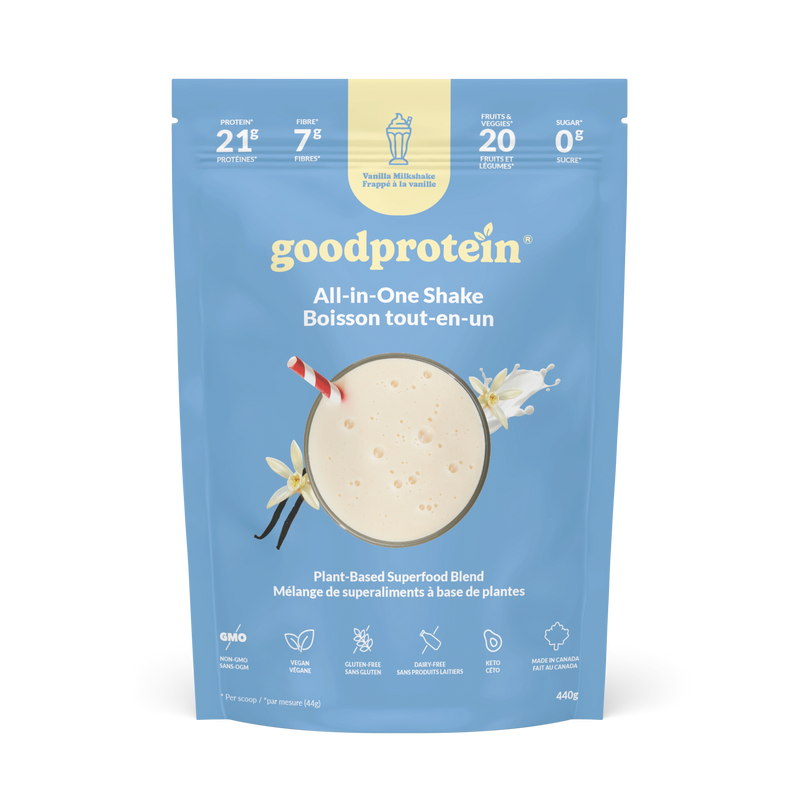 Good Protein Vanilla Milkshake All-in-One Shake pouch that highlights 21g protein, 7g fibre and 25+ nutrients