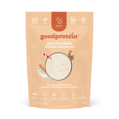 Good Protein Chai Latte All-in-One Shake pouch that highlights 21g protein, 7g fibre and 25+ nutrients