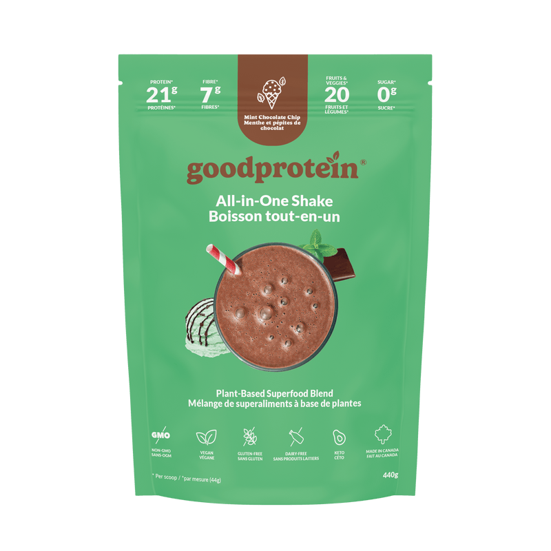 Good Protein Mint & Chocolate Chip All-in-One Shake pouch that highlights 21g protein, 7g fibre and 25+ nutrients