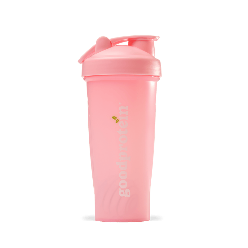Good Protein pink shaker bottle for mixing shakes and smoothies.