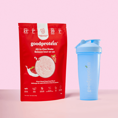 Good Protein All-in-One Strawberries & Cream Shake pouch with blue shaker bottle, ready for easy mixing.