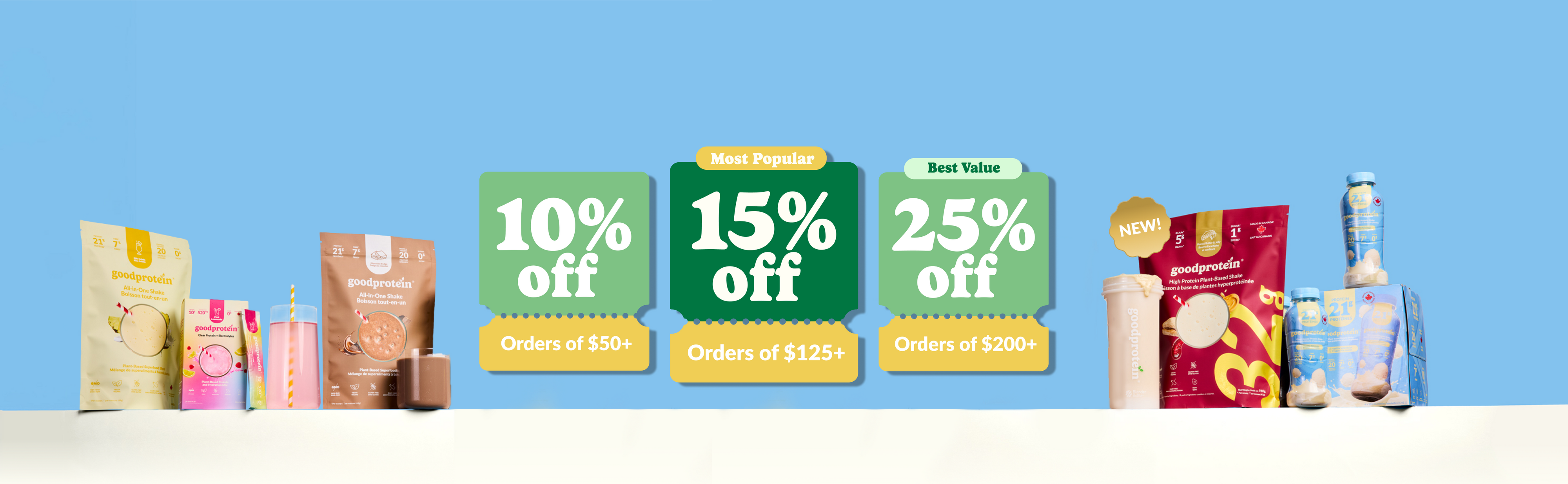A promotional banner featuring multiple snack and beverage products arranged along a white ledge against a bright blue background, with large discount badges reading 10% off, 15% off, and 25% off.