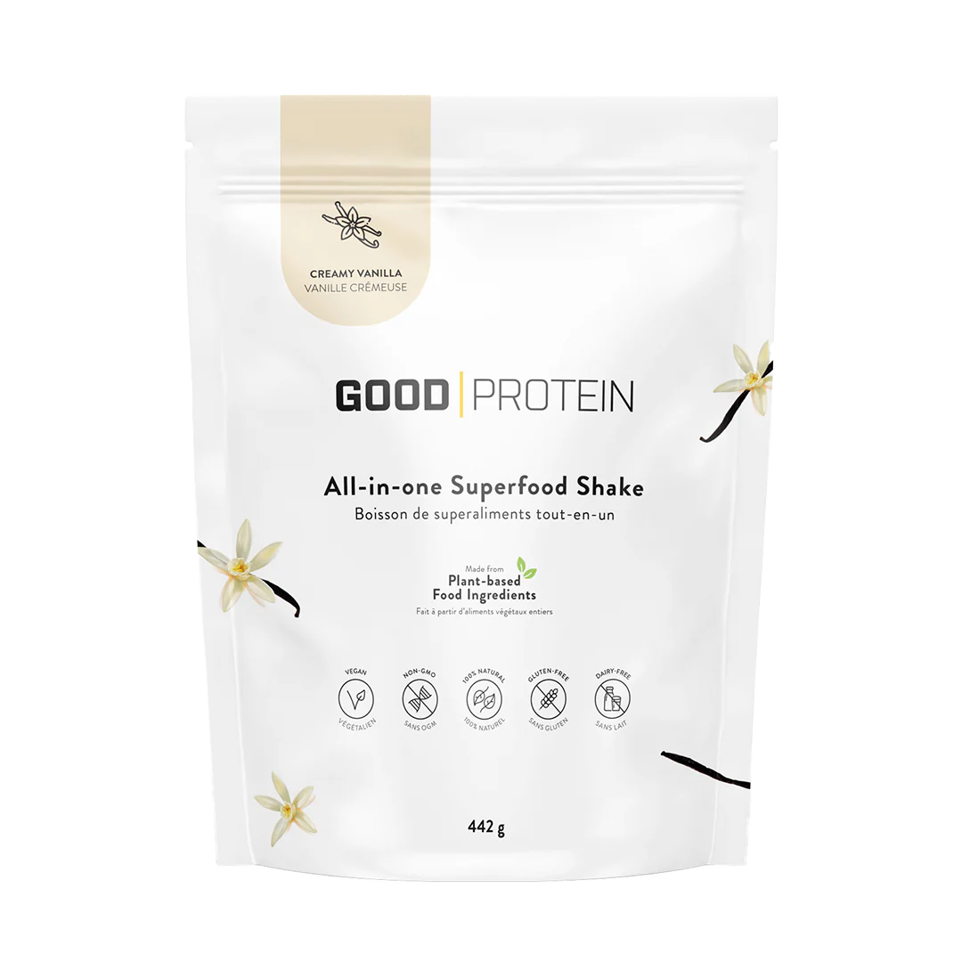 Protein shake packaging with orange cream pop flavor and health icons.