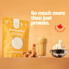 Good Protein Salted Caramel All-in-One Shake pouch with made in Canada stamp and key nutrition benefits icons