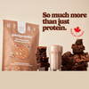 Good Protein Chocolate Fudge All-in-One Shake pouch with made in Canada stamp and key nutrition benefits icons
