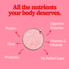 Creamy strawberries protein shake that highlights protein, fibre, probiotics, vitamins, minerals, and digestive enzymes.