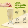 Good Protein Banana & Cream All-in-One Shake that highlights dairy-free, soy-free, gluten-free and vegan benefits.