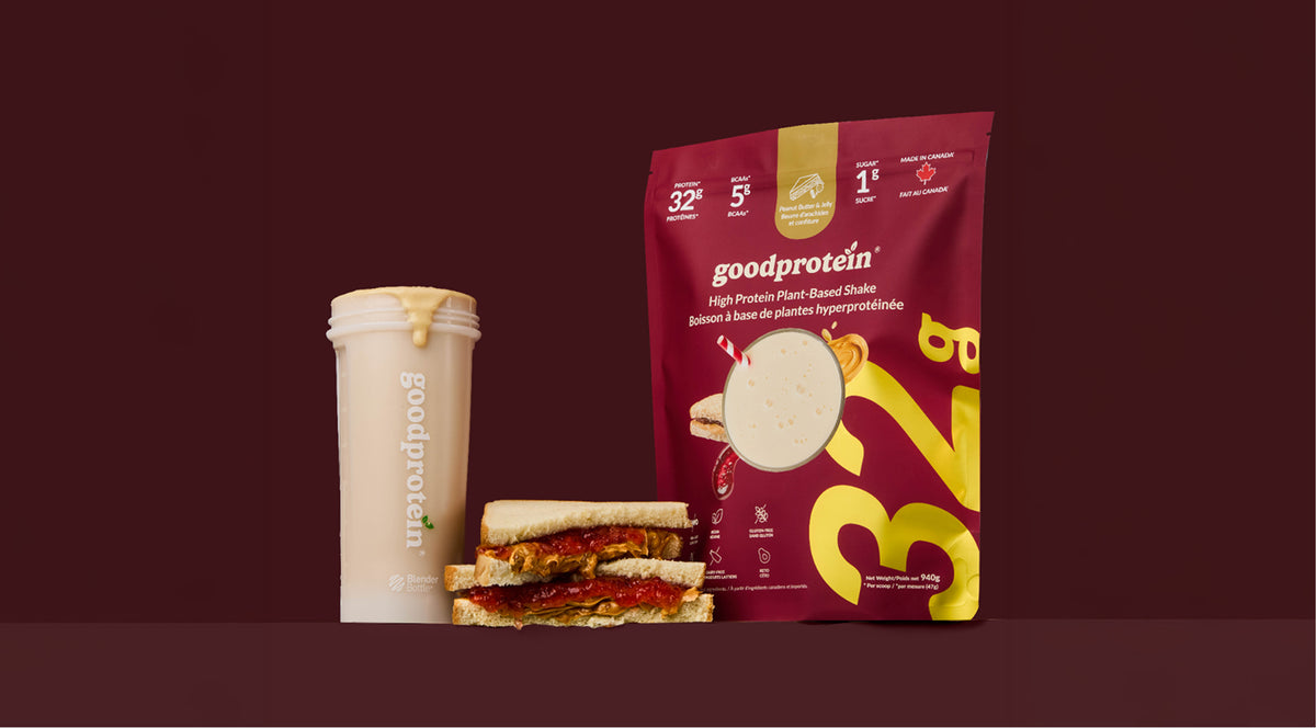 Good Protein 3.2g protein powder pouch in dark red and yellow, shown next to a matching protein shake cup and a protein sandwich on a dark maroon background.