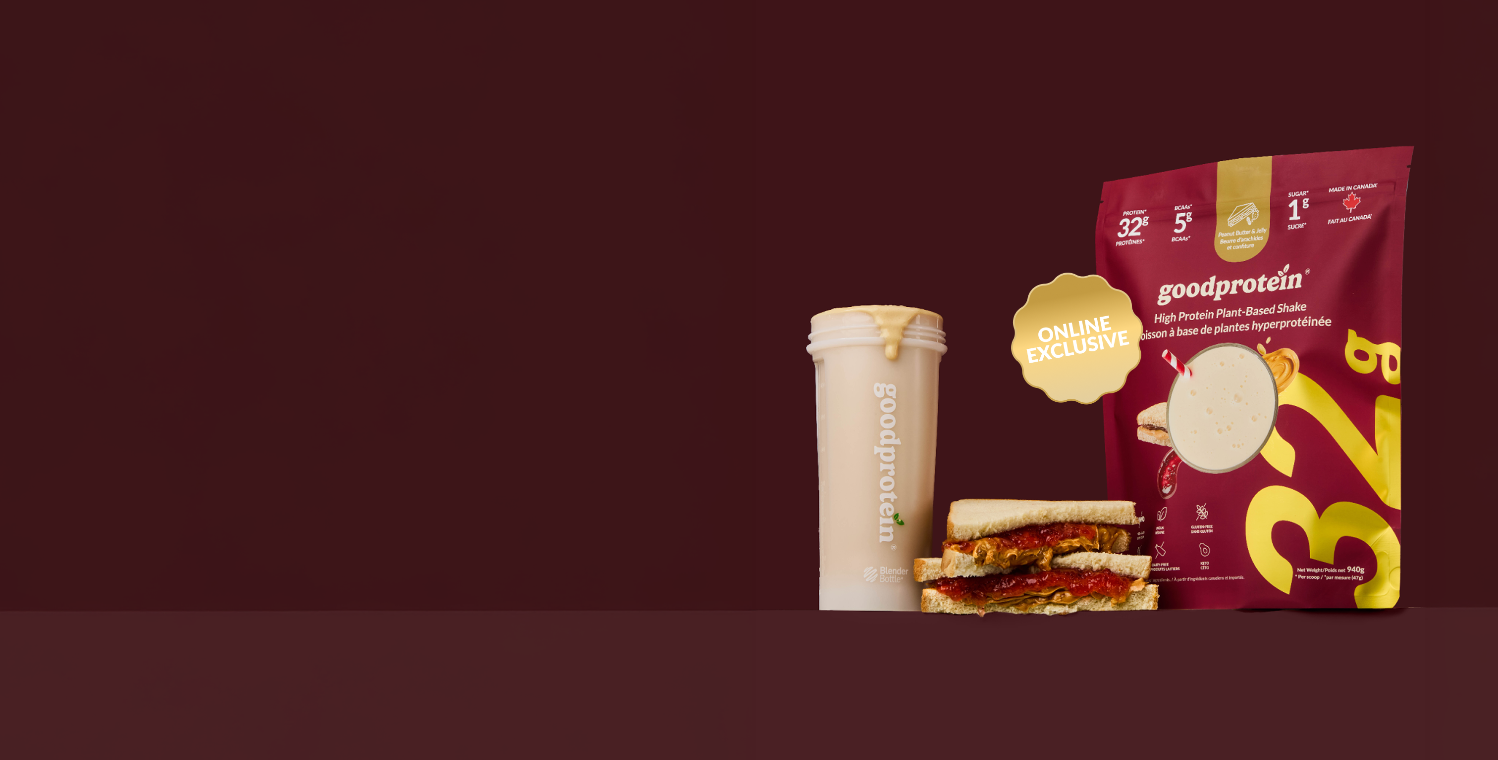 Goodprotein branded product lineup on a dark burgundy background, featuring a protein powder bag, a protein shake cup, and a sandwich.